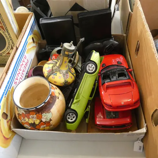 BOX LOT 3 ORIENTAL POTS, PR EBONISED ELEPHANT BOOKENDS, CARS ETC