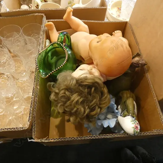 BOX LOT 2 IVORY BOWLS, CERAMICS, 2 DOLLS ETC