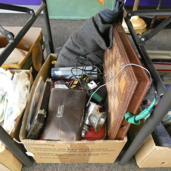 BOX LOT RECORD PLAYER, GREY WOOL BLANKET, TOYS, CHESS BOARD ETC