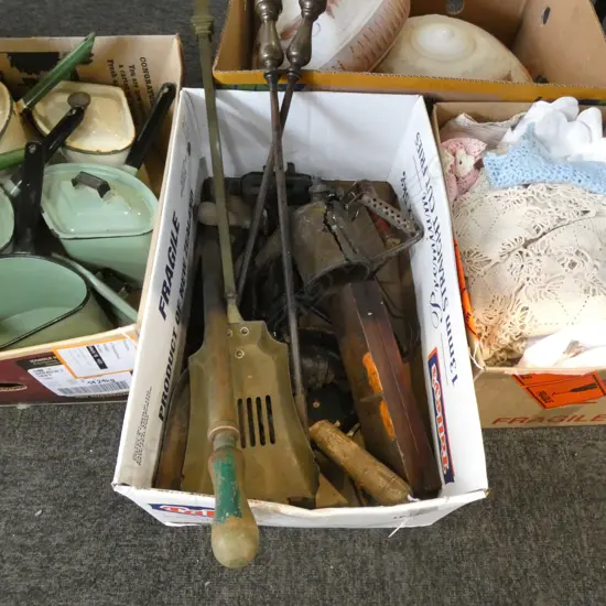 BOX VINTAGE TOOLS & FIRE POKER ETC
