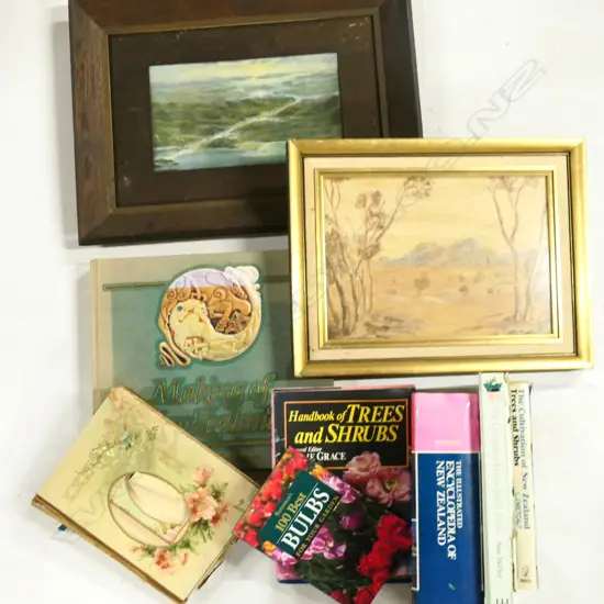 BOX ASST BOOKS PLUS 2 ANTIQUE FRAMED PRINTS