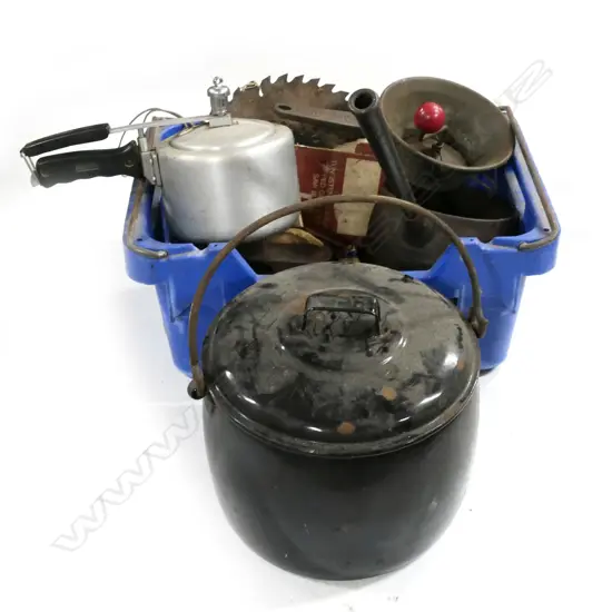 BOX OF CAST IRON POTS, SAW BLADES ETC