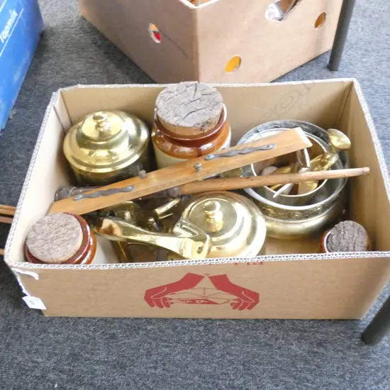 BOX LOT ASST. BRASS HARDWARE, 2 CANISTERS, PARALLEL RULER ETC 
