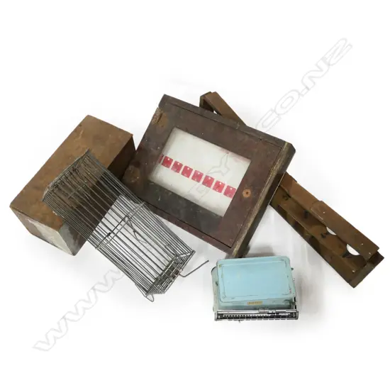 5 COLONIAL ITEMS INCL RAT TRAP, PART BOB, BOXES