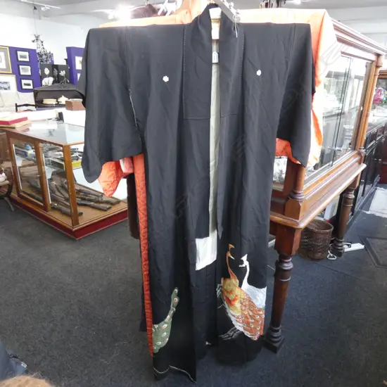 VINTAGE FULL LENGTH JAPANESE SILK KIMONO - BLACK w PEACOCK DESIGN - HALF LINED