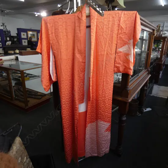VINTAGE FULL LENGTH JAPANESE SILK KIMONO - TANGERINE & WHITE - FULLY LINED