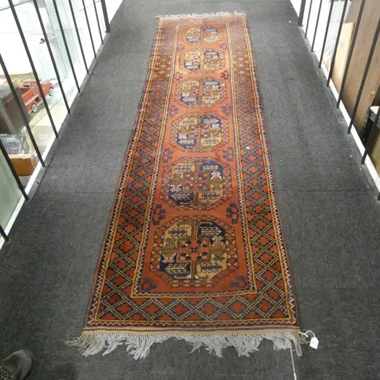 AFGHAN HAND KNOTTED RUNNER RUG 2800 x 800mm ALL WOOL OCTAGONAL GULS