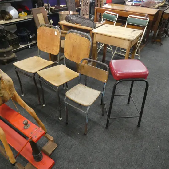 3 SCHOOL CHAIRS AND BAR STOOL 