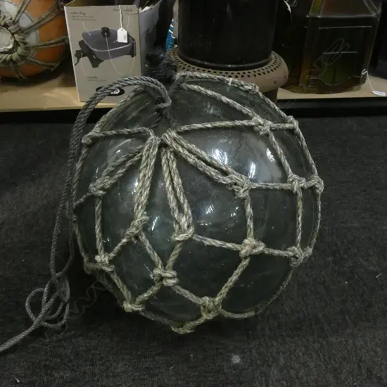 OLD HAND BLOWN GREEN GLASS FISHING FLOAT w. NETTING Dia.370mm