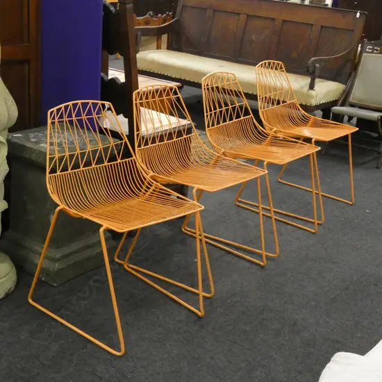 4 CONTEMPORARY ORANGE WIRE PATIO CHAIRS