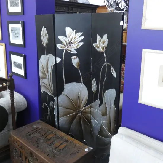 2x 3 PANEL SCREENS; OCEAN PIER PHOTO, LOTUS FLOWERS ON BLACK 1800x400 