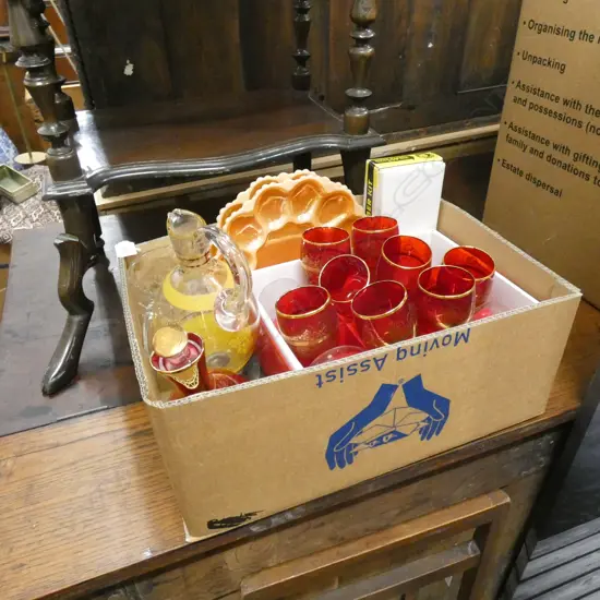 BOX LOT CRYSTAL JUG, DRINK SETS ETC