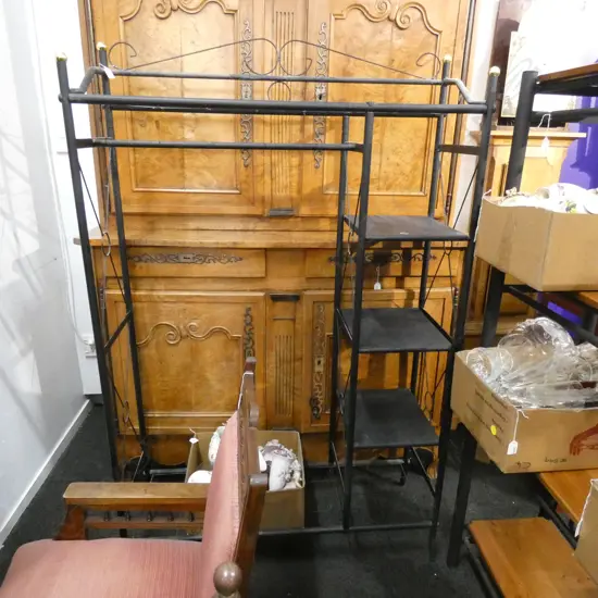 BLACK METAL STORAGE RACK H.1720mm W.1100mm + GLASS & ALUMINIUM RACK