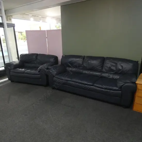 BLUE LEATHER 3 SEATER SOFA + 2 SEATER