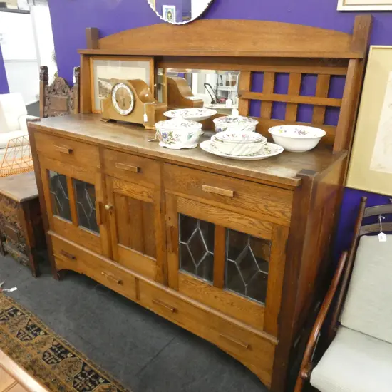 OAK ARTS AND CRAFTS LEADLIGHT SIDEBOARD L 1520 MM SOME MARKS AND FADING glass a/f