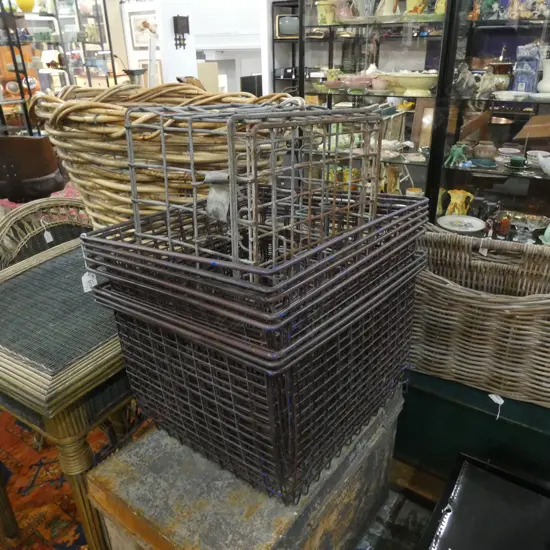 8 INDUSTRIAL WIRE METAL BASKETS + VINTAGE METAL MILK CRATE