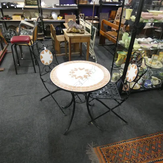 3 PCE METAL PATIO SET; MOSAIC TABLE & 2 CHAIRS