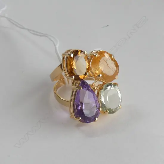 GILDED SILVER LGE 4 STONE RING CITRINE AQUAMARINE AMETHYST ONE STONE A/F
