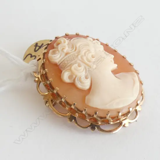 9CT GOLD FRAMED MAIDEN PROFILE CARVED SMALL CAMEO BROOCH