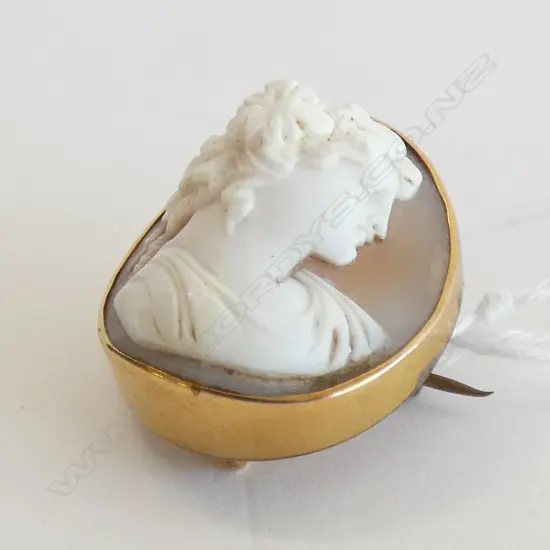 9CT GOLD FRAMED MAIDEN PROFILE CARVED SMALL CAMEO BROOCH