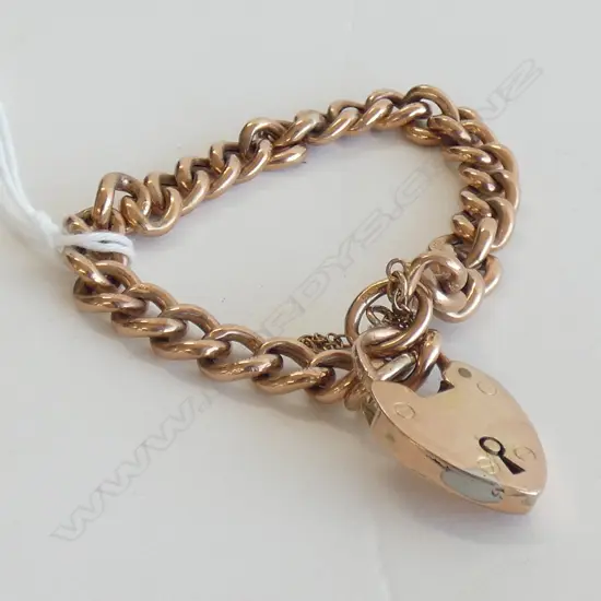 9CT HOLLOW CURB LINK BRACELET HEART LOCK (REPAIRED) 10.5 GRAMS
