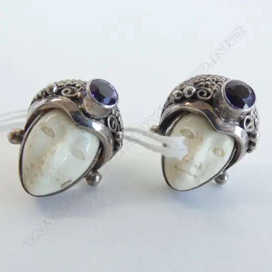 PAIR SILVER AMETHYST AND BONE ART DECO STYLE EARRINGS