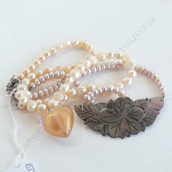 TWO PEARL NECKLACES - ONE WITH GLASS HEART ONE WITH M.O.P. FLOWER