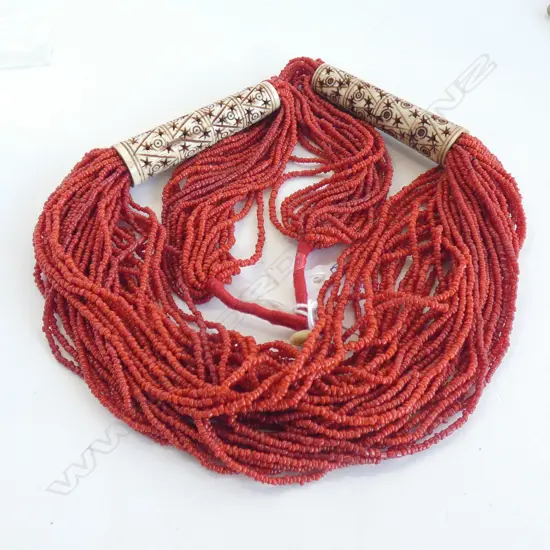 RED CORAL BEAD AND BONE MULTI-STRAND NECKLACE