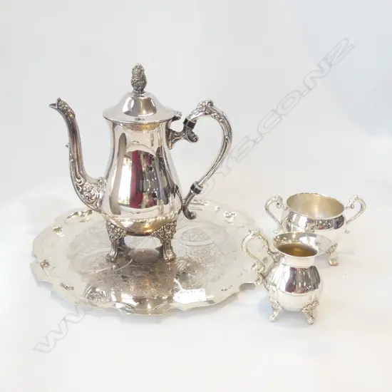 3 PC SILVER PLATE COFFEE SET & TRAY (DIA 315MM)