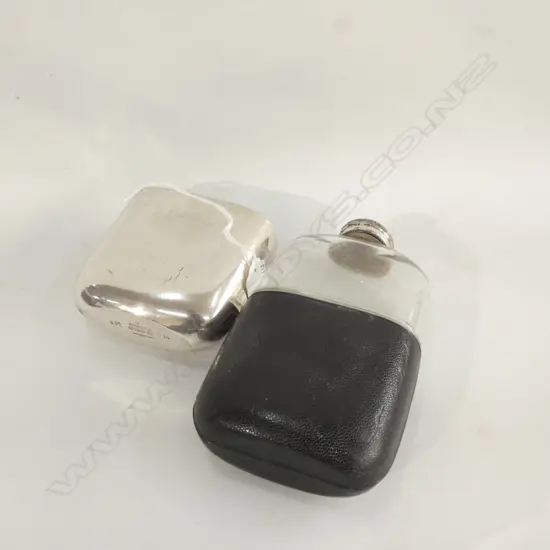 SILVER PLATE HIP FLASK, LEATHER & GLASS - JAMES DIXON SHEFFIELD L 165MM