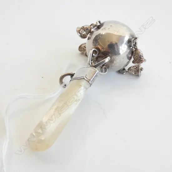 SILVER BABY RATTLE RUMBLE BELL 4 BELLS AND M.O.P. dents