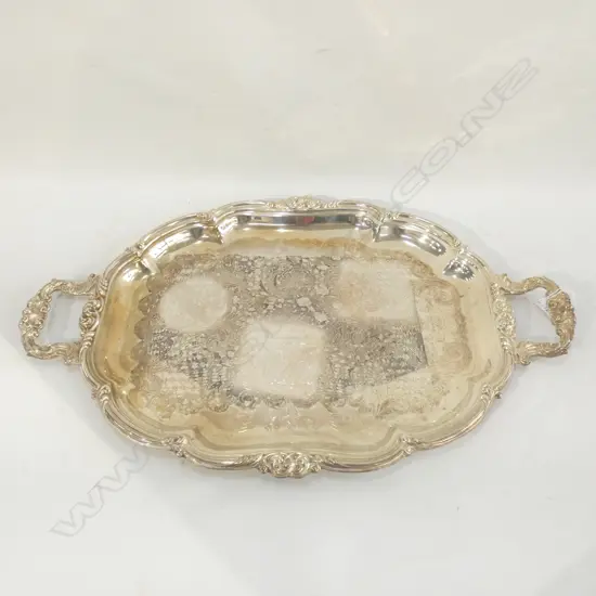ORNATE SHERWOOD SILVER PLATE TRAY W HANDLES - INSCRIPTION TO CENTRE 5556 X 340MM