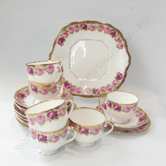 VINTAGE SALISBURY CHINA GILDED RIMMED ROSE PATTERN TEA SET; 6 TRIOS & CAKE PLATE