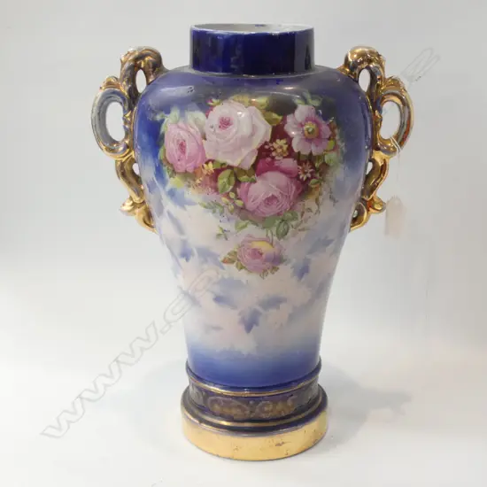 LG OLD HAND PAINTED BLUE &  ROSE VASE WITH GILDED BASE HANDLES (WEAR TO HANDLES ) H. 355MM