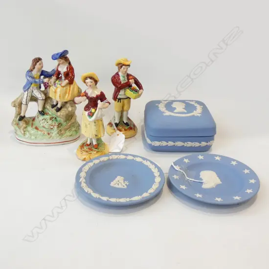3 VINTAGE PORCELAIN FIGURES + 3 PCS WEDGWOOD JASPERWARE 