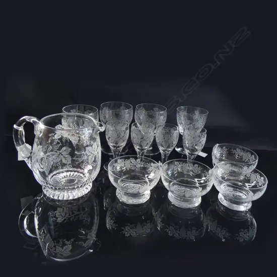 13PC ETCHED CRYSTAL SET; 8 STEM GLASSES (2 SIZES) 4 DESSERT BOWLS & 1 WATER JUG 