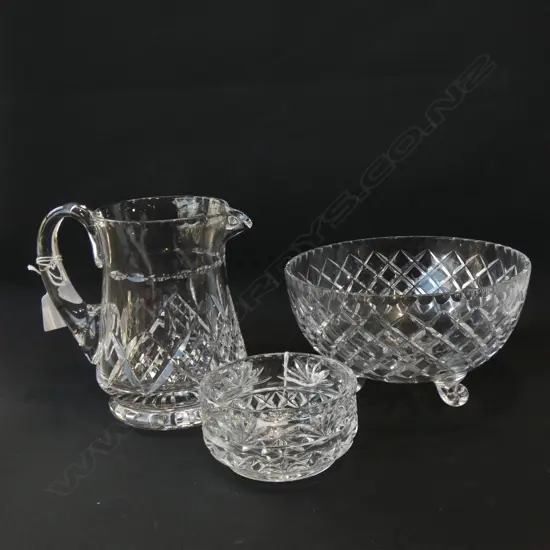 3 PCS CRYSTAL; STUART CRYSTAL JUG (H 185MM) BOWL (DIA 195MM) & WINE BOTTLE COASTER 