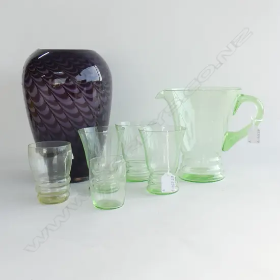 ART DECO GREEN GLASS JUG (H190MM) W 3 GLASSES + 2 OTHER GLASSES & LG PURPLE VASE (H 290MM)