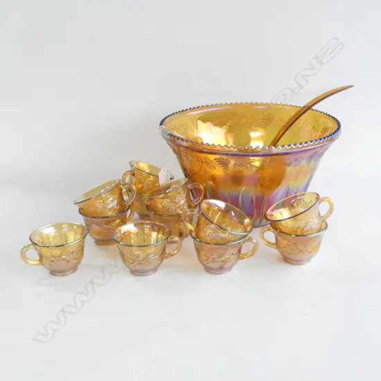 PRESSED GLASS PUNCH BOWL 310mm dia + 12 CUPS & LADLE