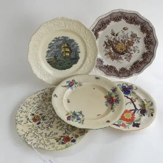 5 MASONS IRONSTONE PLATES, MIXED PATTERNS