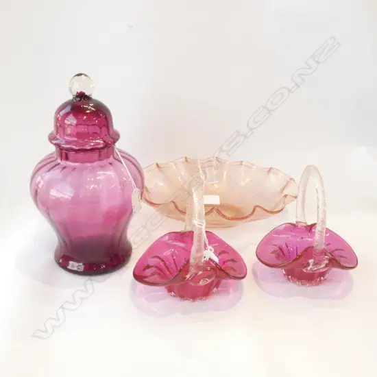 3 PCS VINTAGE CRANBERRY GLASS; 2 BASKETS (L155MM) & LG LIDDED JAR (H 300MM)+ MURANO PINK GLASS DISH (L295MM)