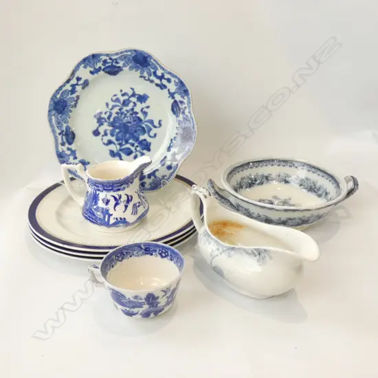 8 PCS VICTORIAN BLUE & WHITE CHINA; PLATES/ DISH / JUGS / CUPS SOME A/F