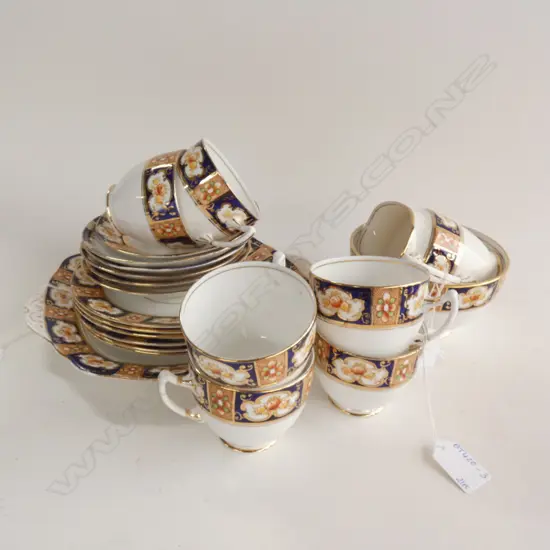 ROYAL  ALBERT CROWN CHINA IMARI 21 PC TEASET; 6 TRIOS / JUG & BOWL & CAKE PLATE