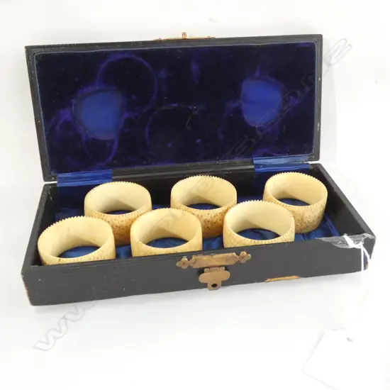 6 CARVED BONE NAPKIN RINGS W BOX 