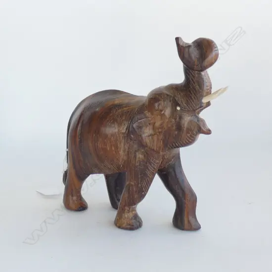 VINTAGE WOODEN CARVED ELEPHANT W TUSKS & TRUNK UP L 170MM
