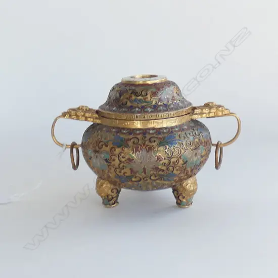 CHINESE CHAMPLEVE ENAMEL & GILT CENSER. W.165mm ACROSS HANDLES