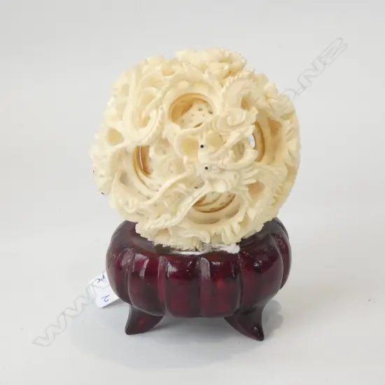 CARVED ORIENTAL PUZZLE BALL W WOODEN STAND 