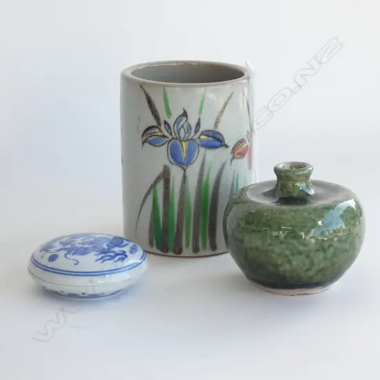 CHINESE BRUSH POT + GREEN GLAZE WATER POT VASE + LIDDED DRAGON CONTAINER