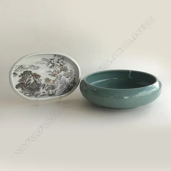 2 CHINESE BRUSH WASH POTS; CELADON 250mm dia + DISH w. SNOWY LANDSCAPE 