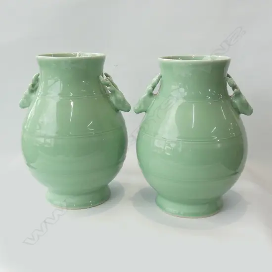 PR BEAN GREEN GLAZE VASES - STAG HEAD HANDLES (QIAN LONG MARK) - ONE HAS CRACK - H 320MM